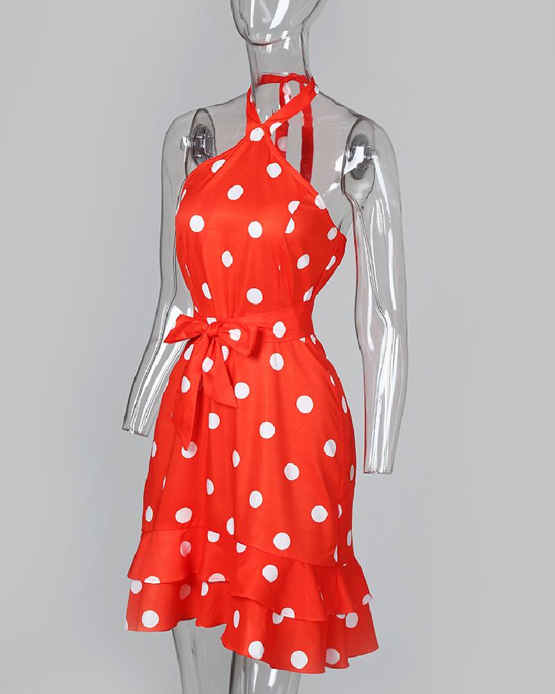 Polka Dots Print Tie Waist Ruffle Hem Dress