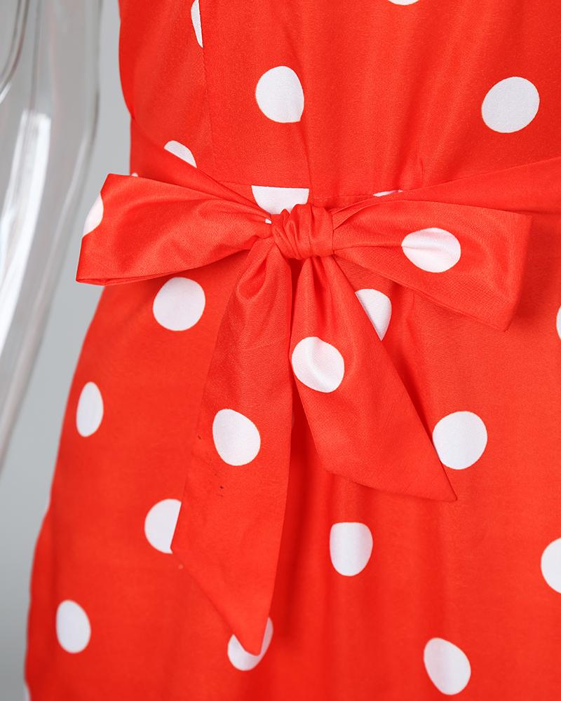 Polka Dots Print Tie Waist Ruffle Hem Dress