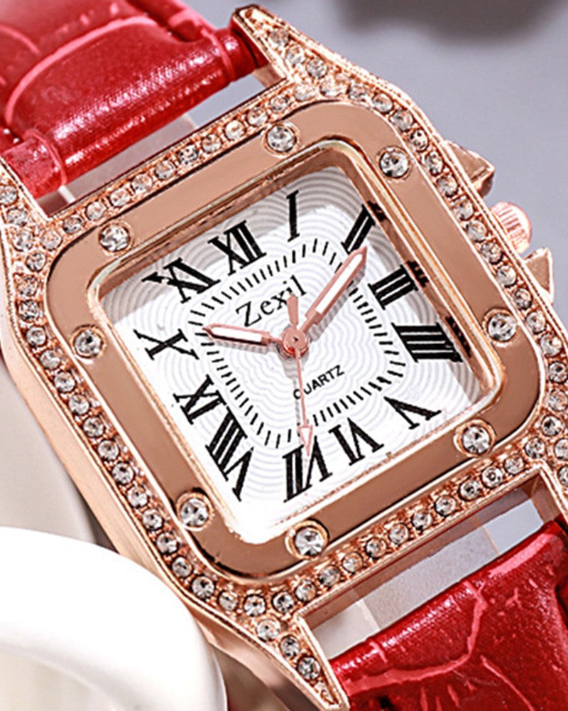 Rhinestone Decor Square Quartz Watch