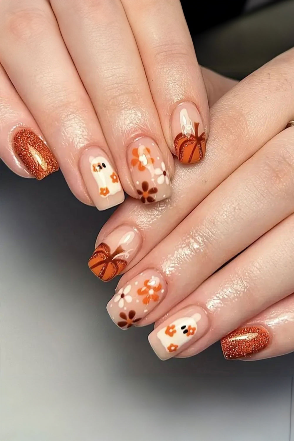 Orange Halloween Ghost Flower Glitter Square False Nail