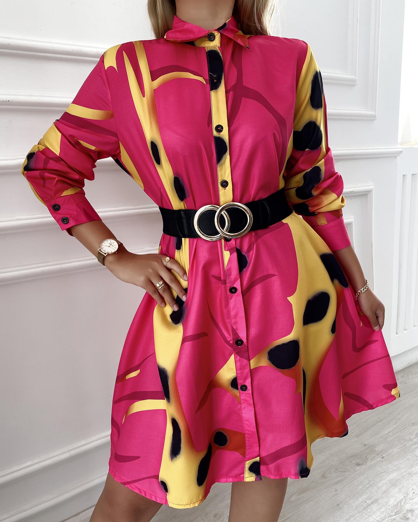 All Over Print Long Sleeve Buttoned Shirt Dress