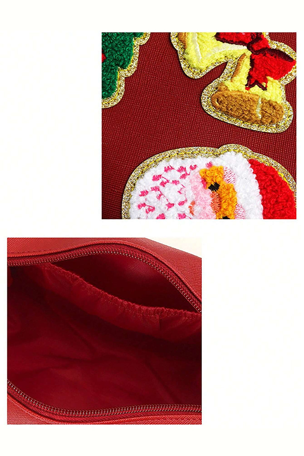 Fiery Red Christmas Pattern Chenille Patched PU Zipper Makeup Bag