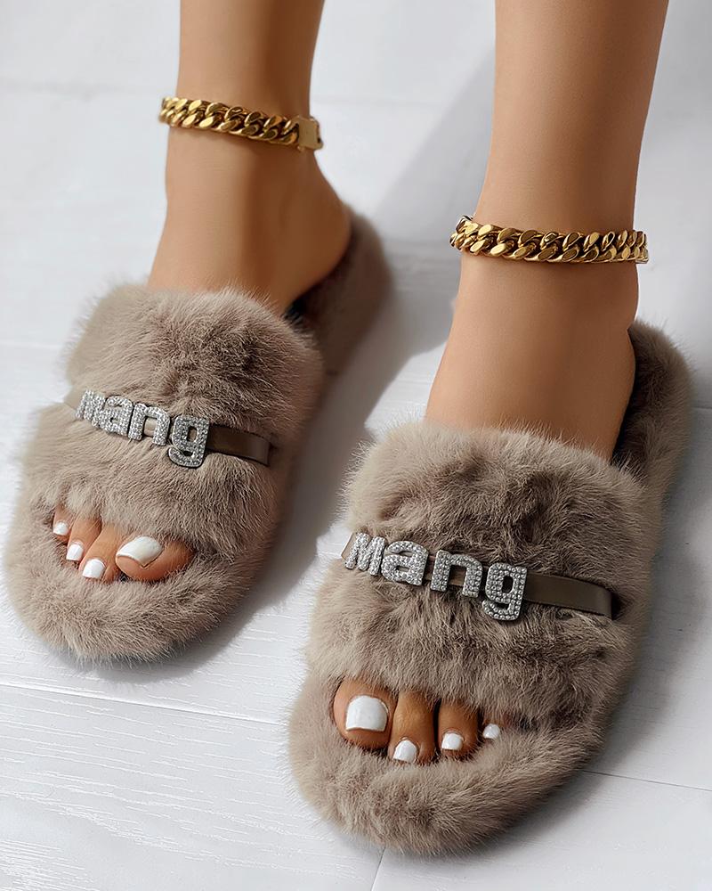 Rhinestone Letter Decor Fluffy Winter Slippers