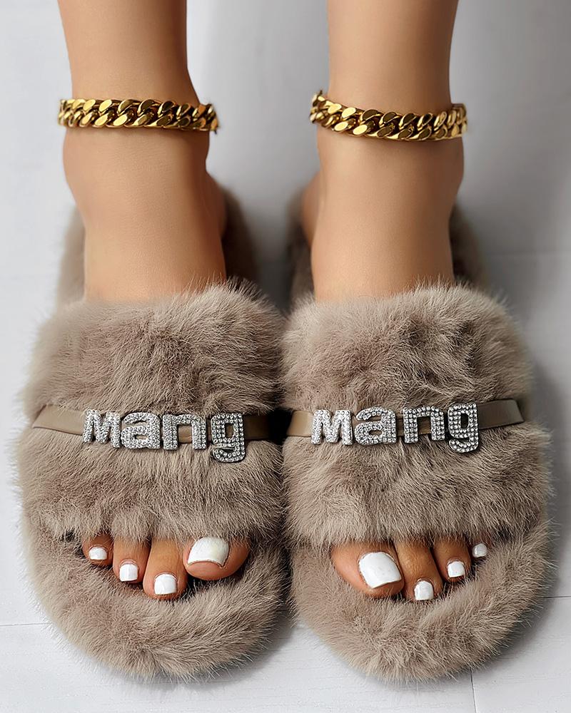 Rhinestone Letter Decor Fluffy Winter Slippers