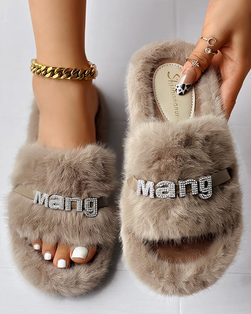 Rhinestone Letter Decor Fluffy Winter Slippers