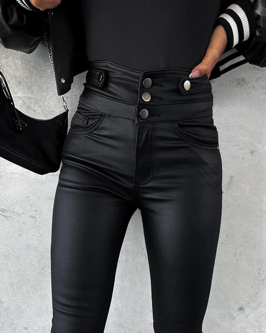 PU Leather Buttoned High Waist Skinny Pants