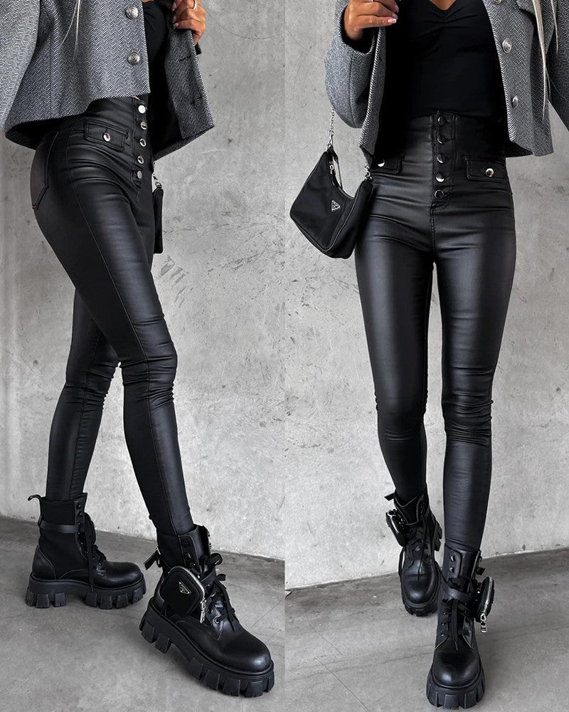 PU Leather Buttoned High Waist Skinny Pants