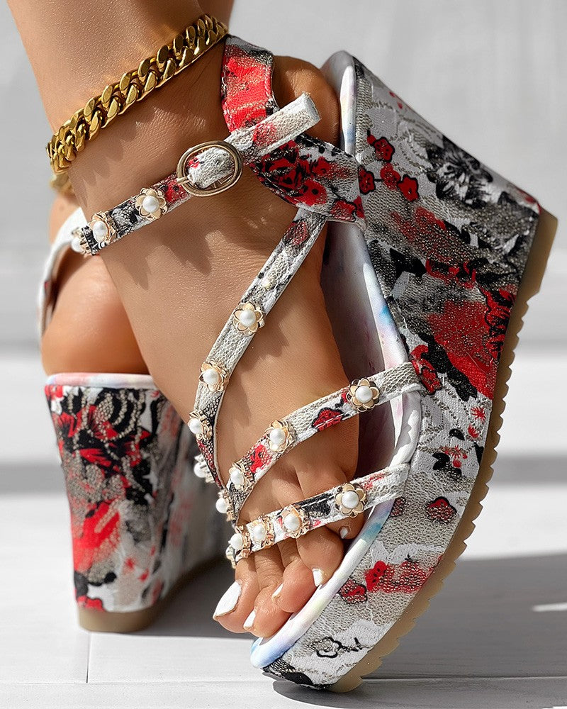 Floral Pearls Decor Platform Ankle Strap Wedge Sandals