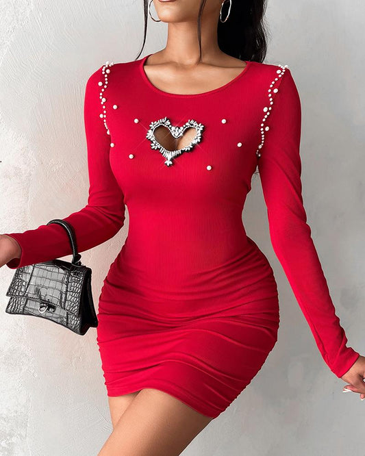 Hollow Heart Beaded Ribbed Bodycon Dress