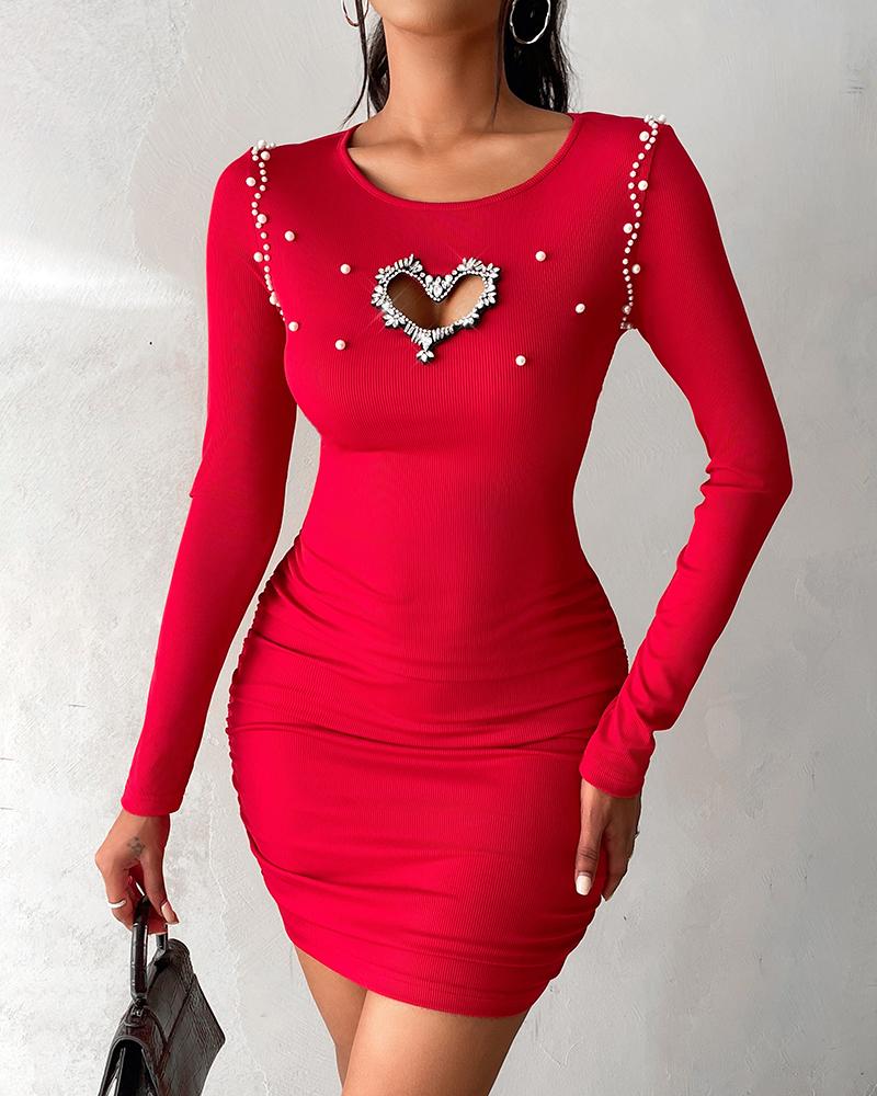 Hollow Heart Beaded Ribbed Bodycon Dress