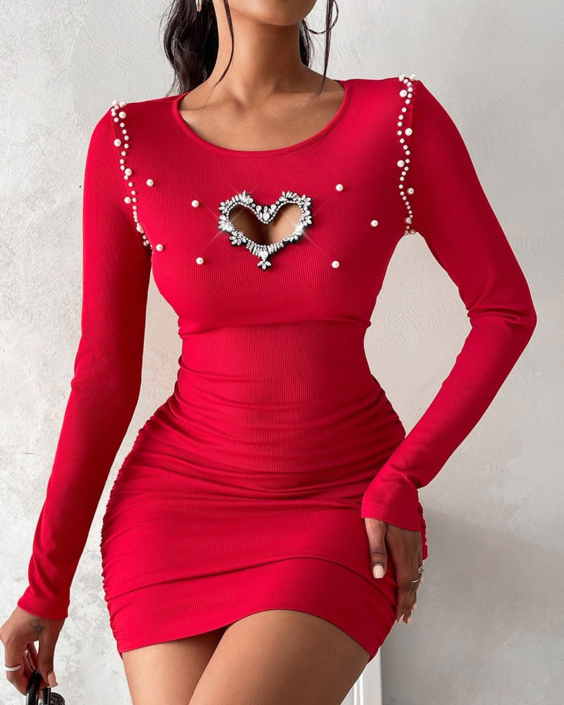 Hollow Heart Beaded Ribbed Bodycon Dress