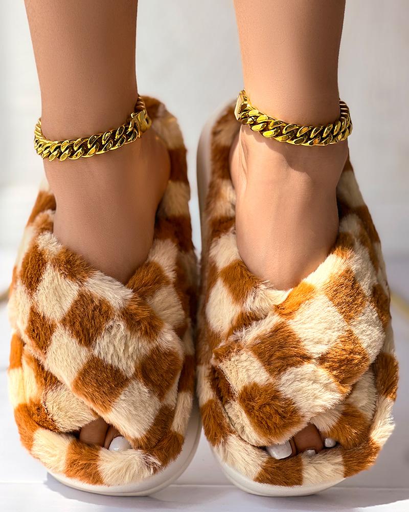 Plaid Cross Strap Platform Fluffy Slippers