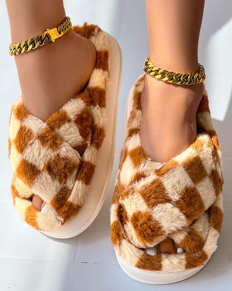 Plaid Cross Strap Platform Fluffy Slippers