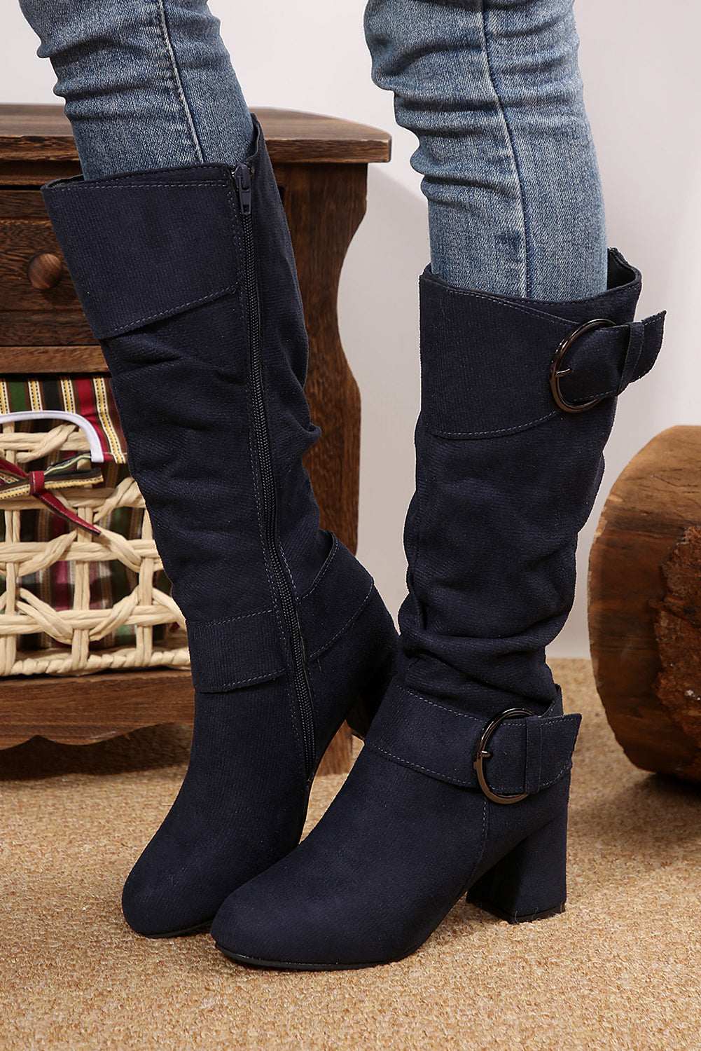 Dark Grey Suede Double Buckled Side Zipped Mid-calf Boots