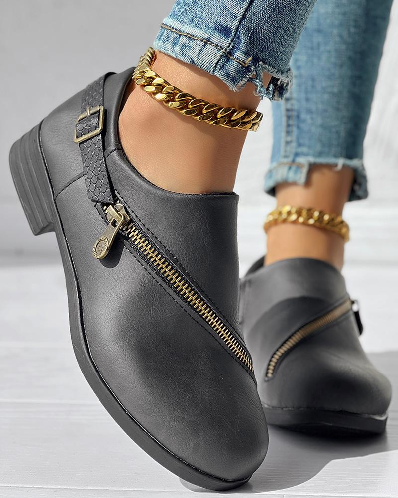 Zipper Design Chunky Heel Ankle Boots