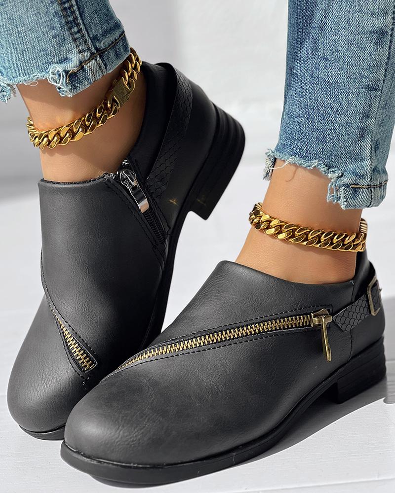 Zipper Design Chunky Heel Ankle Boots