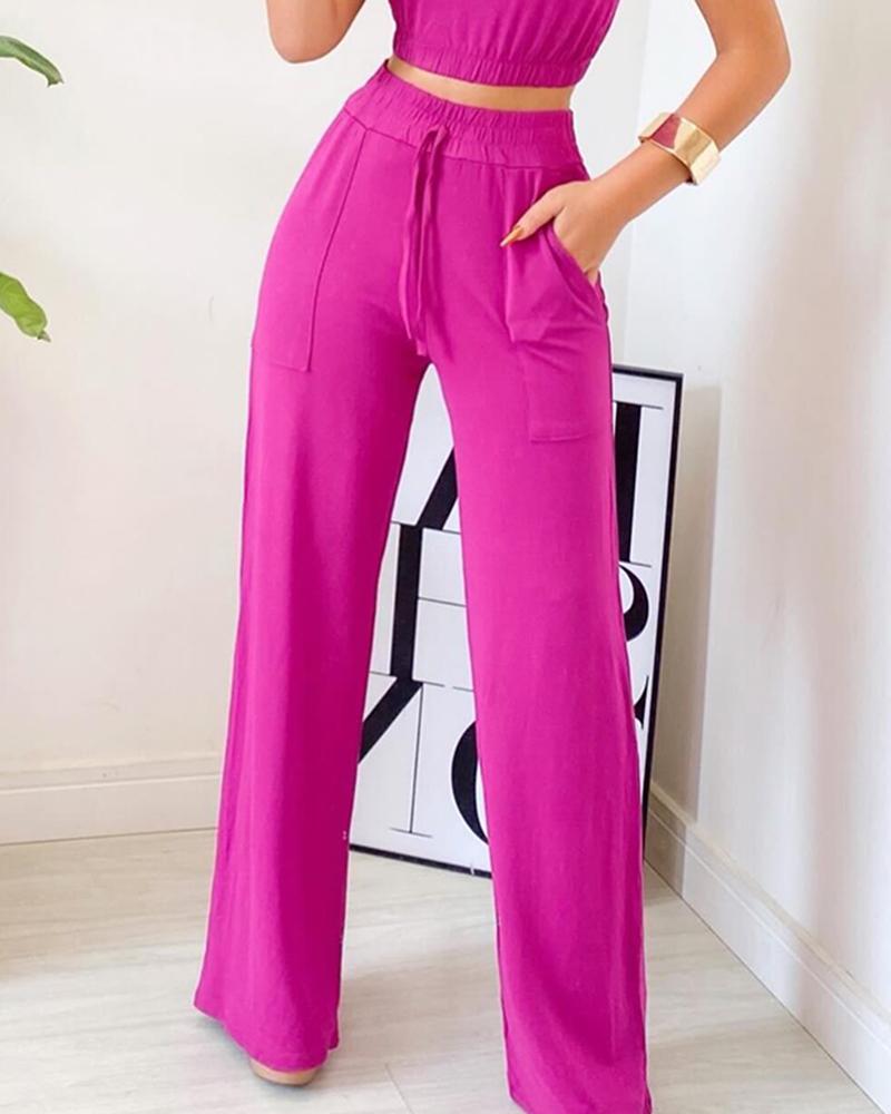 Sleeveless Crop Top & Drawstring Straight Leg Pants Set