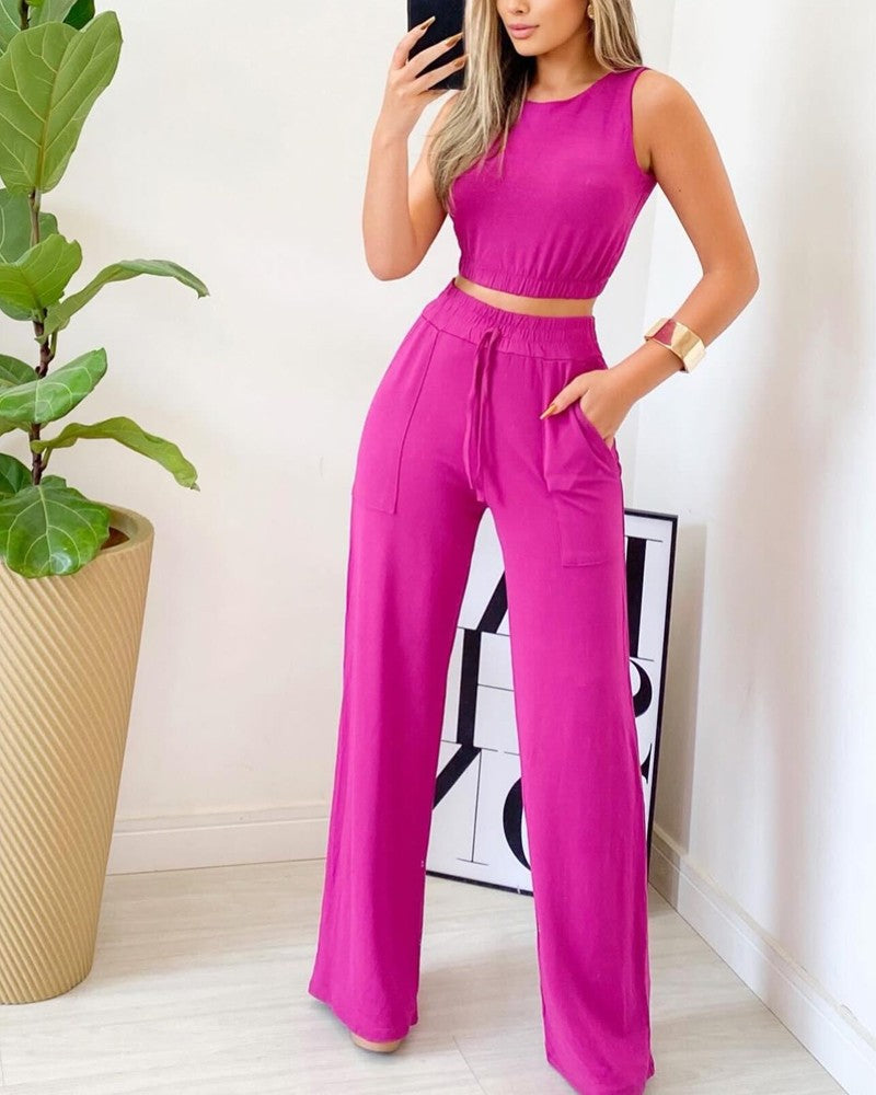 Sleeveless Crop Top & Drawstring Straight Leg Pants Set