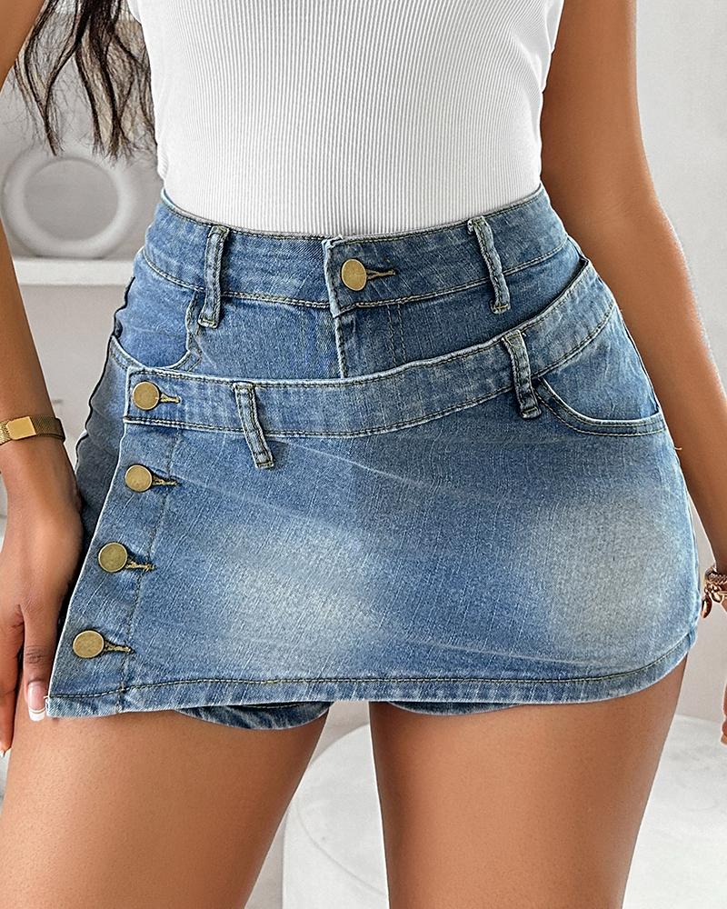 Pocket Design Buttoned Washed Asymmetrical Denim Skorts