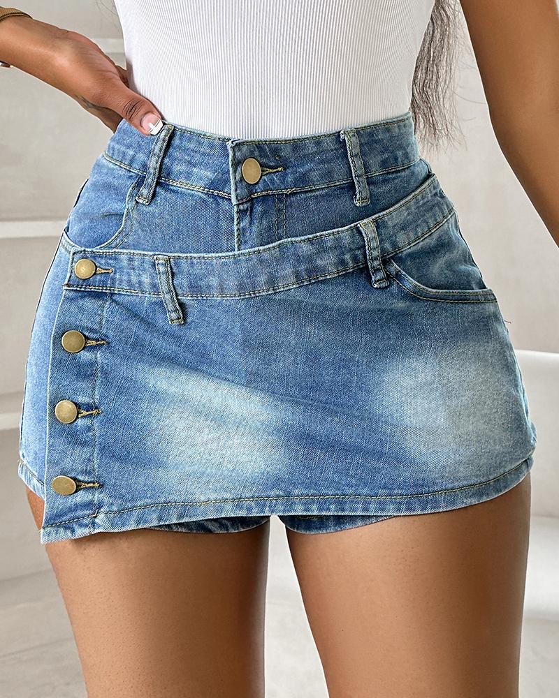 Pocket Design Buttoned Washed Asymmetrical Denim Skorts