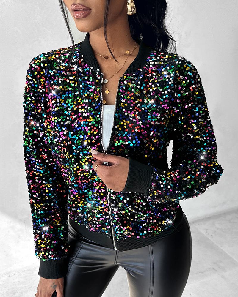 Colorful Allover Sequin Zipper Design Coat