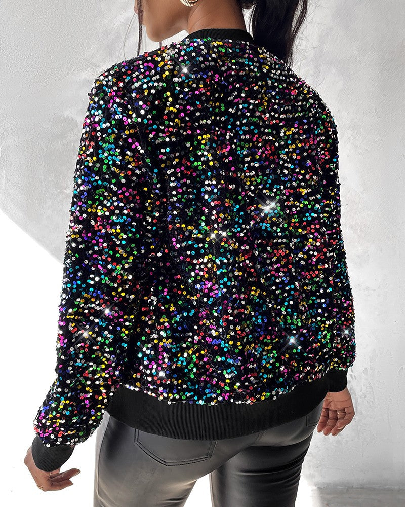 Colorful Allover Sequin Zipper Design Coat