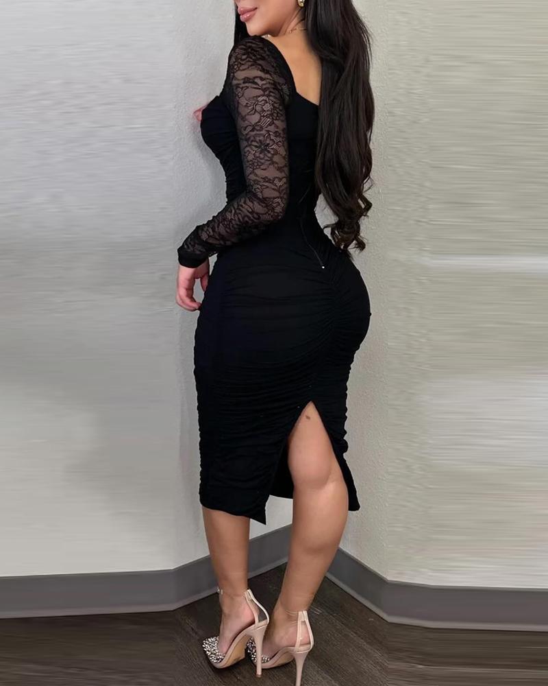 Long Sleeve Low Cut Slit Bodycon Lace Dress