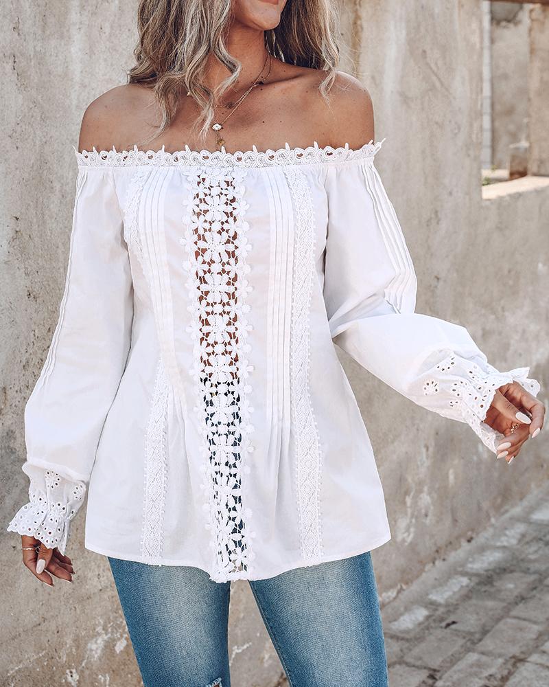 Off Shoulder Floral Lace Eyelet Embroidery Top