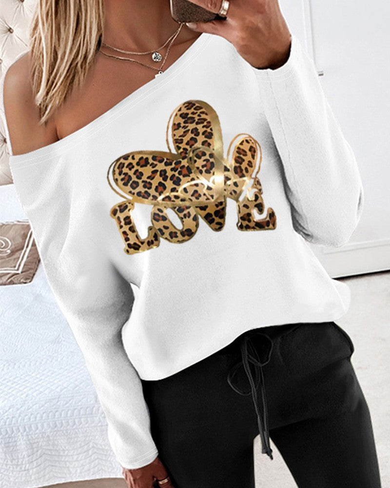 2 Piece Leopard Heart Love Print Skew Neck Top Drawstring Waist Pants Casual Tracksuit Set