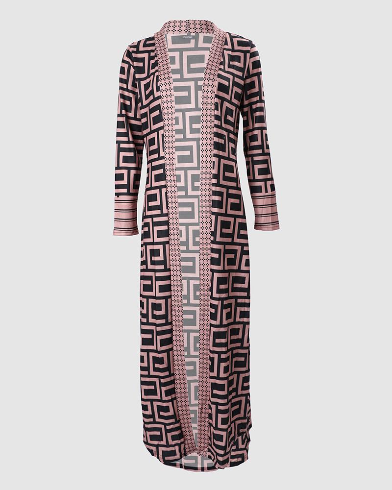 Geometric Print Open Front Longline Coat