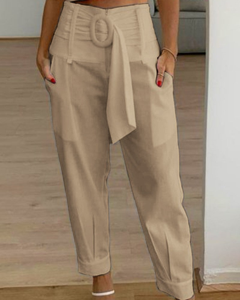 High Waist Belted Pocket Design Pants