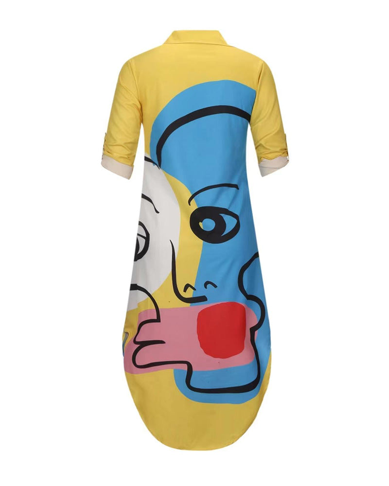 Abstract Figure Print Curved Hem Shirt Dress