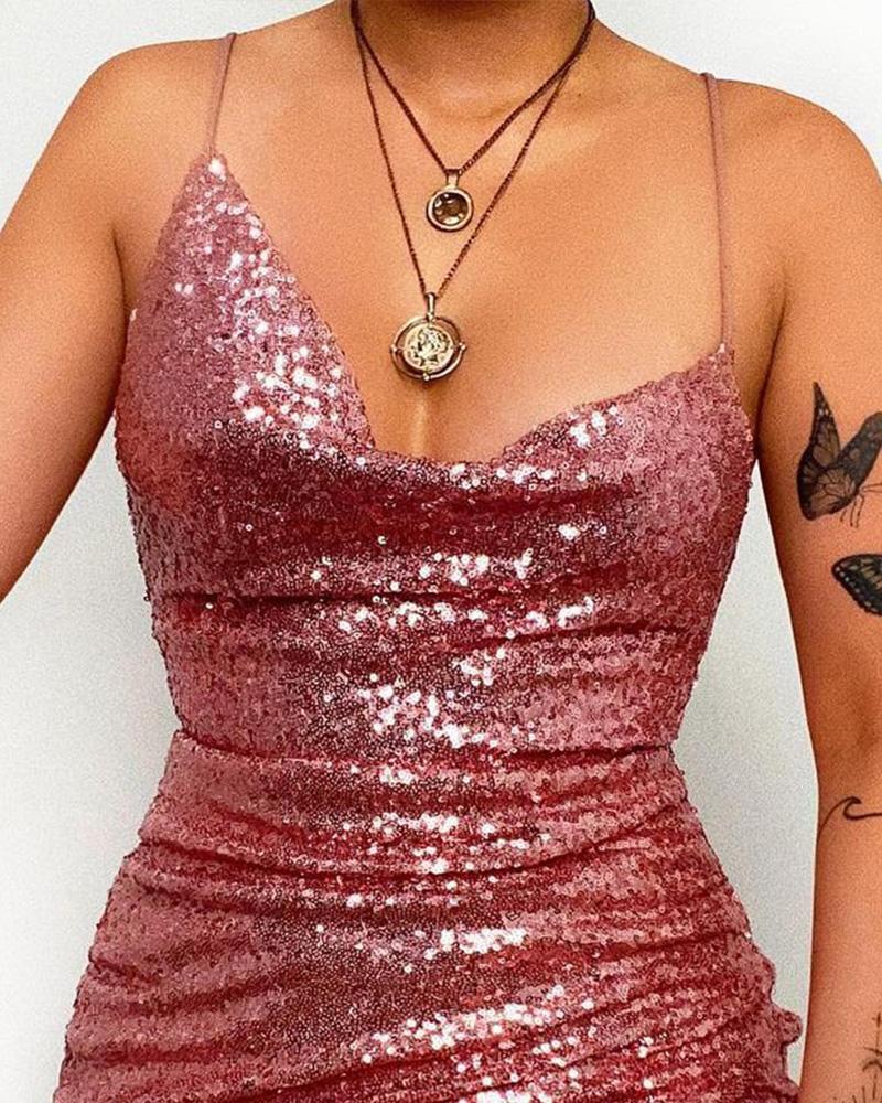 Criss Cross Backless Ruched Sequin Party Dress