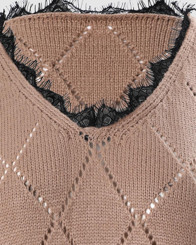 Eyelash Lace Hollow Out Colorblock Knit Sweater