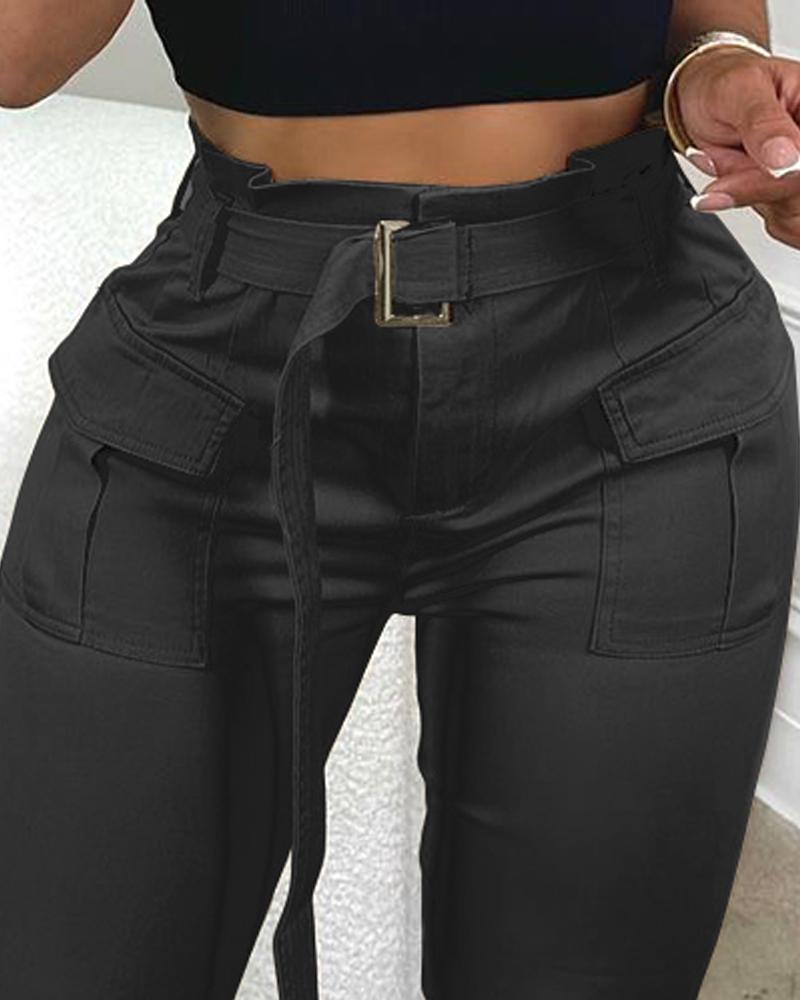 Pocket Design Paperbag Waist Cargo Pants With Belt