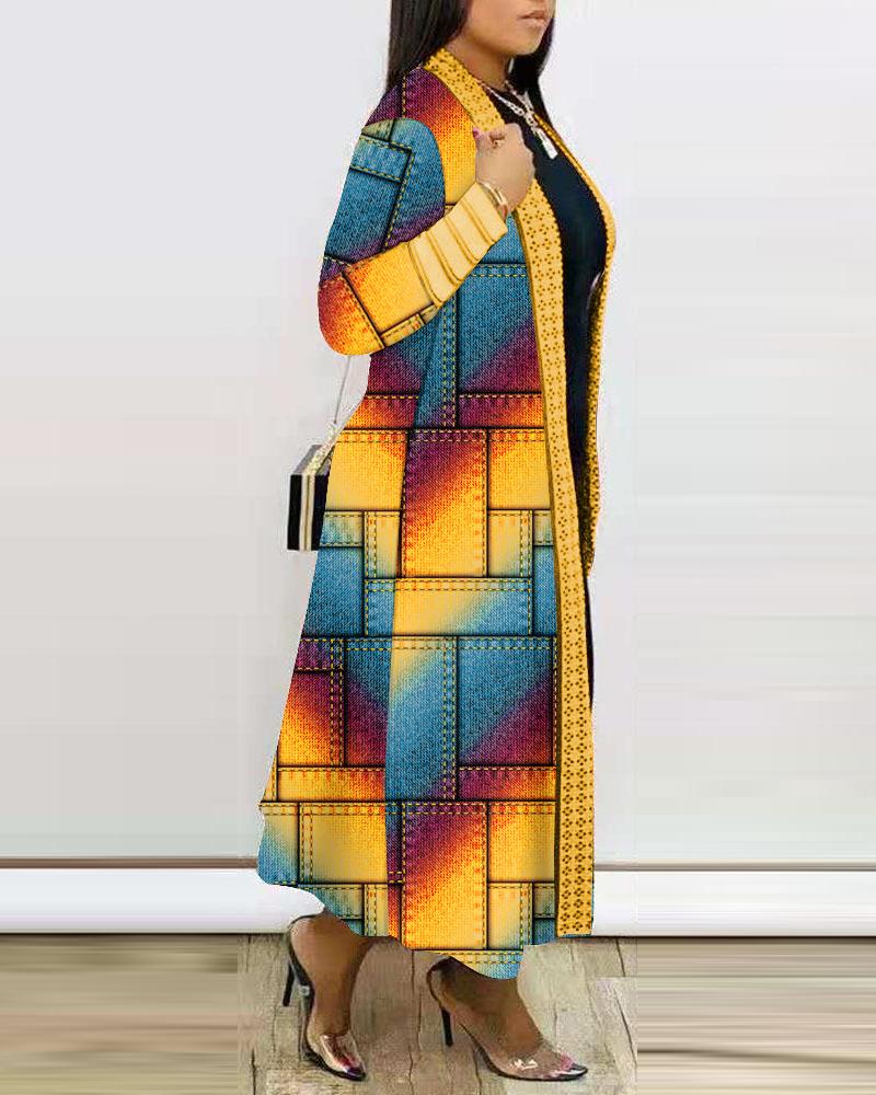 Plus Size Denim Look Print Rainbow Ombre Lace Patch Longline Coat