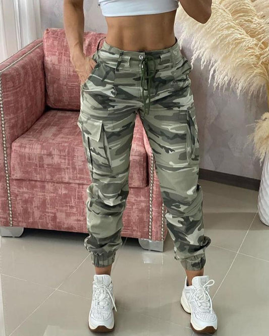 Camouflage Print Drawstring Pocket Design Cargo Pants