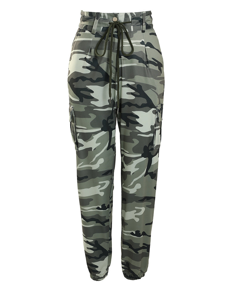 Camouflage Print Drawstring Pocket Design Cargo Pants