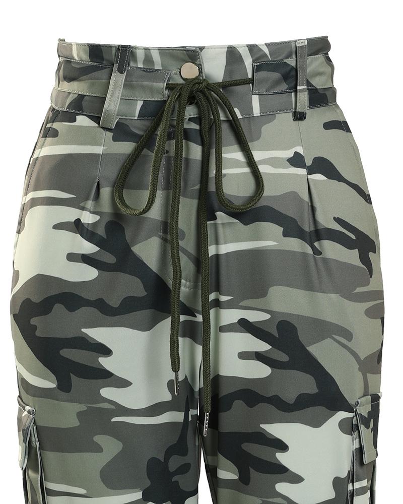 Camouflage Print Drawstring Pocket Design Cargo Pants