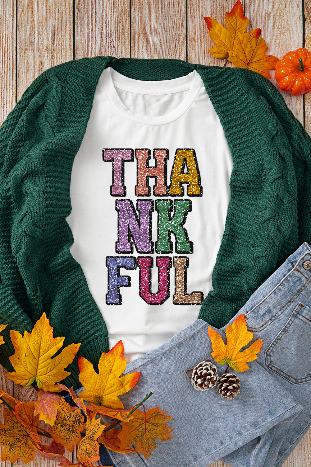 White Heat-transfer Printed THANKFUL Letter Graphic T Shirt