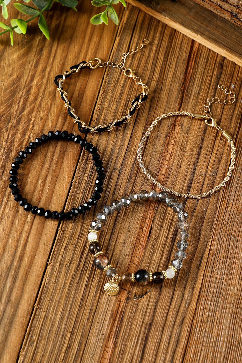 Black Beaded Shell Ornament 4 Piece Bracelet Set