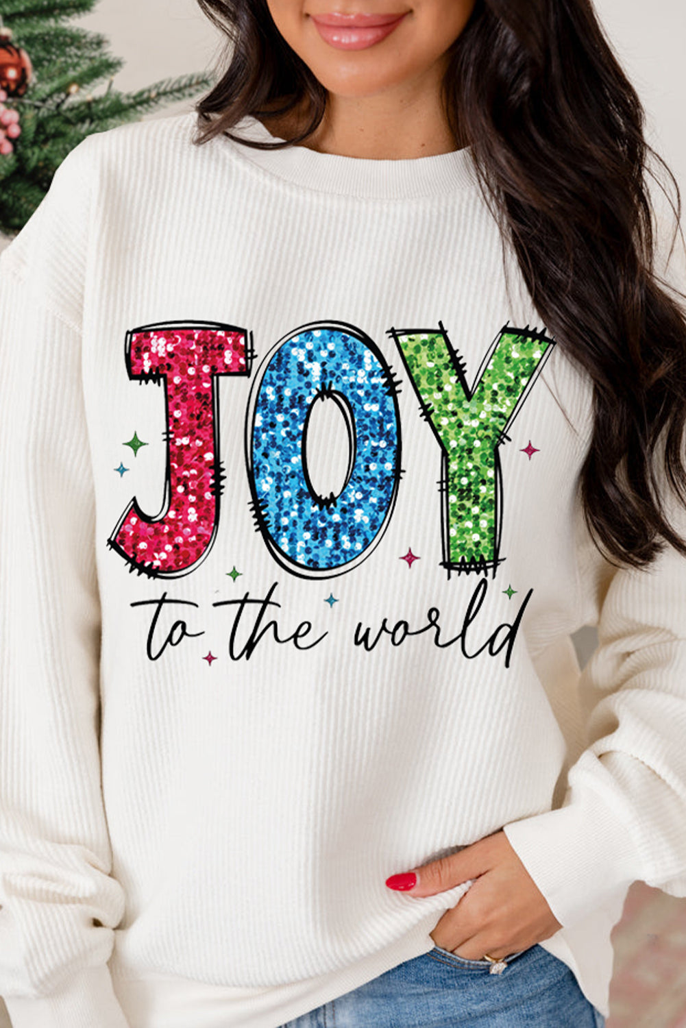 White JOY to the world Ribbed Crewneck Pullover Sweatshirt