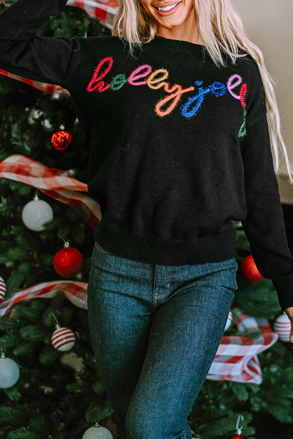 Black Holly Jolly Round Neck Casual Sweater