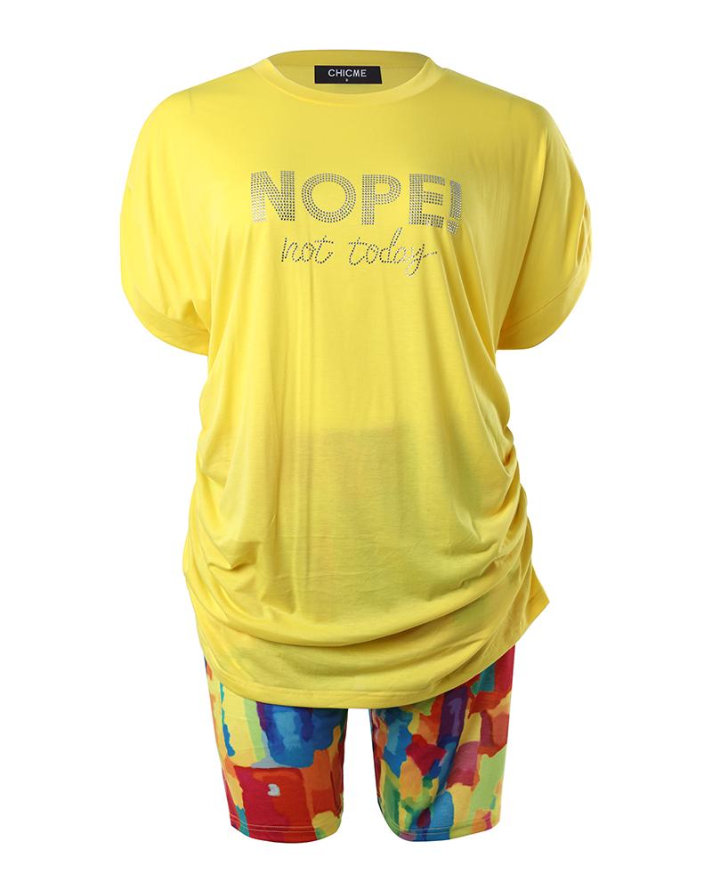 Plus Size Rhinestone Nope Not Today Pattern Top & Melting Colors All Over Print Shorts Set