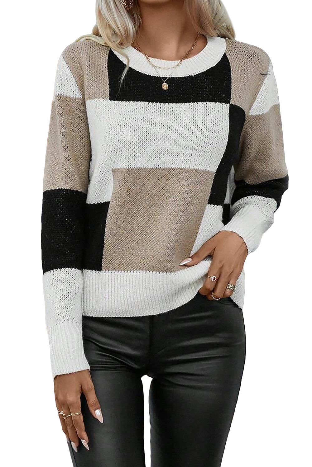 Black Plaid Patchwork Long Sleeve Knitted Sweater