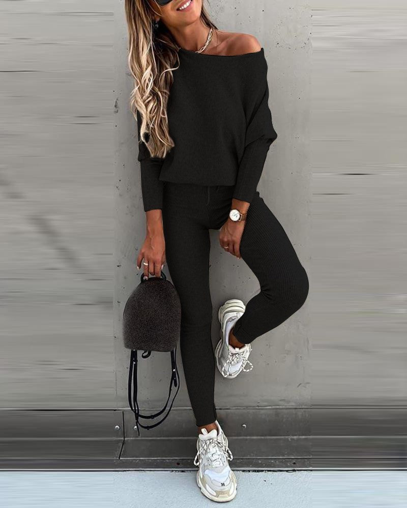 2PCS Long Sleeve Top & High Waist Drawstring Pants Set