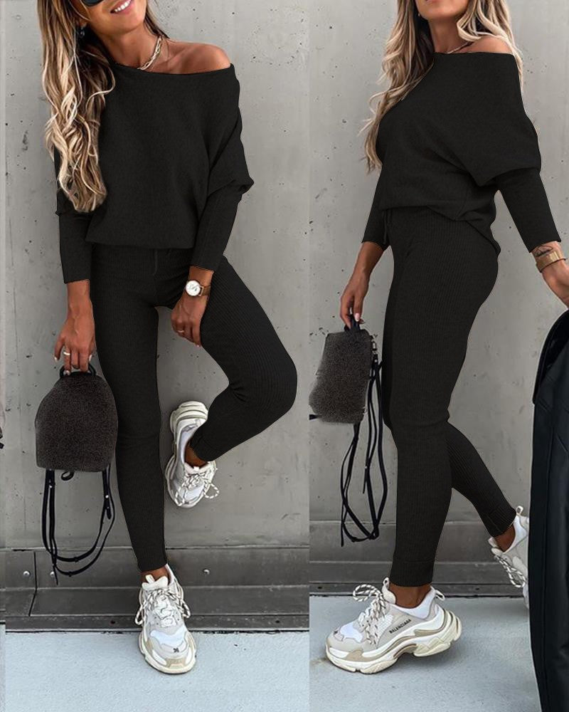 2PCS Long Sleeve Top & High Waist Drawstring Pants Set