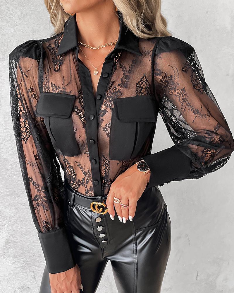 Mesh Lace Detail Buttoned Blouse