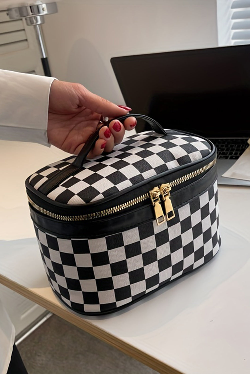 Black Checkered Zipper Large Cosmetic Bag with Handle