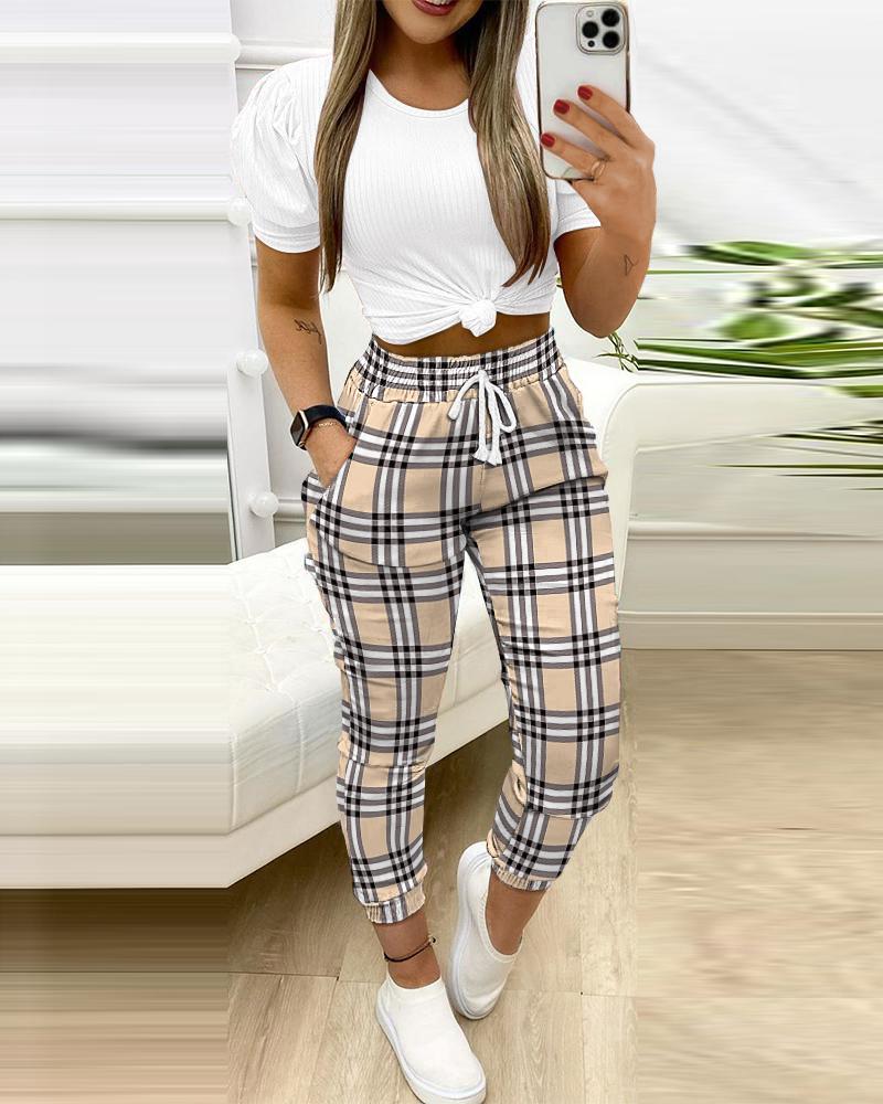 Plaid Print Cuffed Drawstring Pants